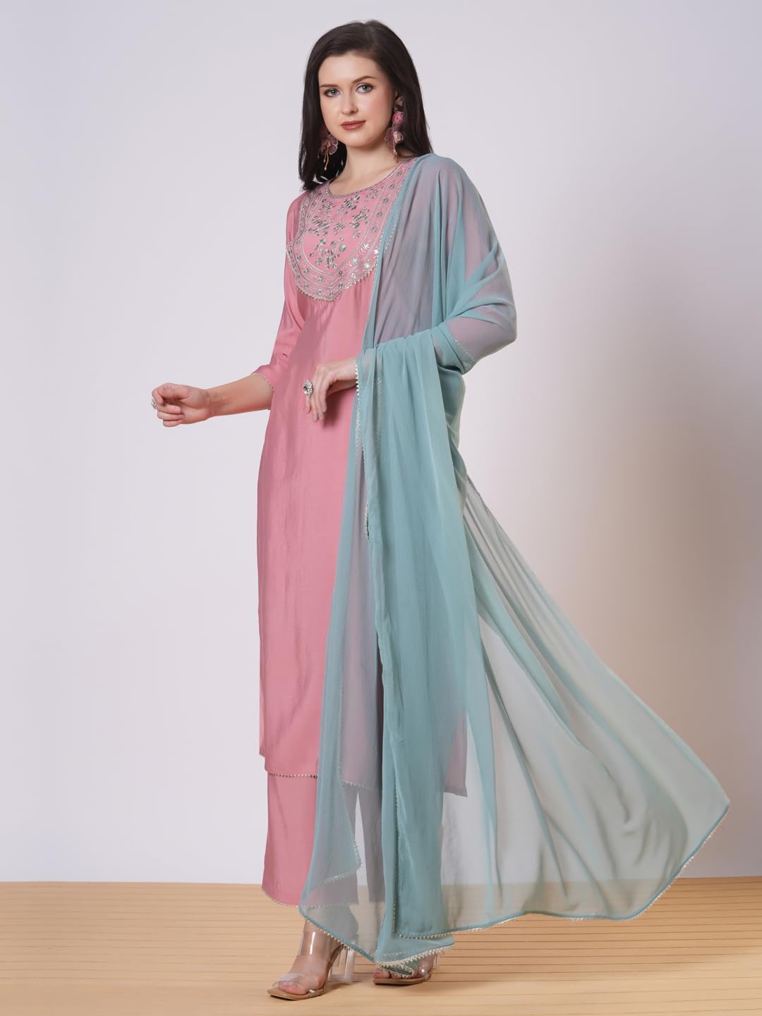 ANNI DESIGNER Womens Rayon Viscose Embroidered Straight Kurta with Pant & Dupatta (Meja Pink_L_Pink_Large)