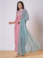 ANNI DESIGNER Womens Rayon Viscose Embroidered Straight Kurta with Pant & Dupatta (Meja Pink_S_Pink_Small)