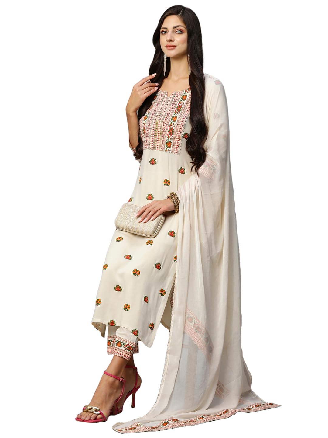 ANNI DESIGNER Womens Cotton Blend Straight Printed Kurta with Pant & Dupatta (Bakhshi Cream_S_Cream_Small)