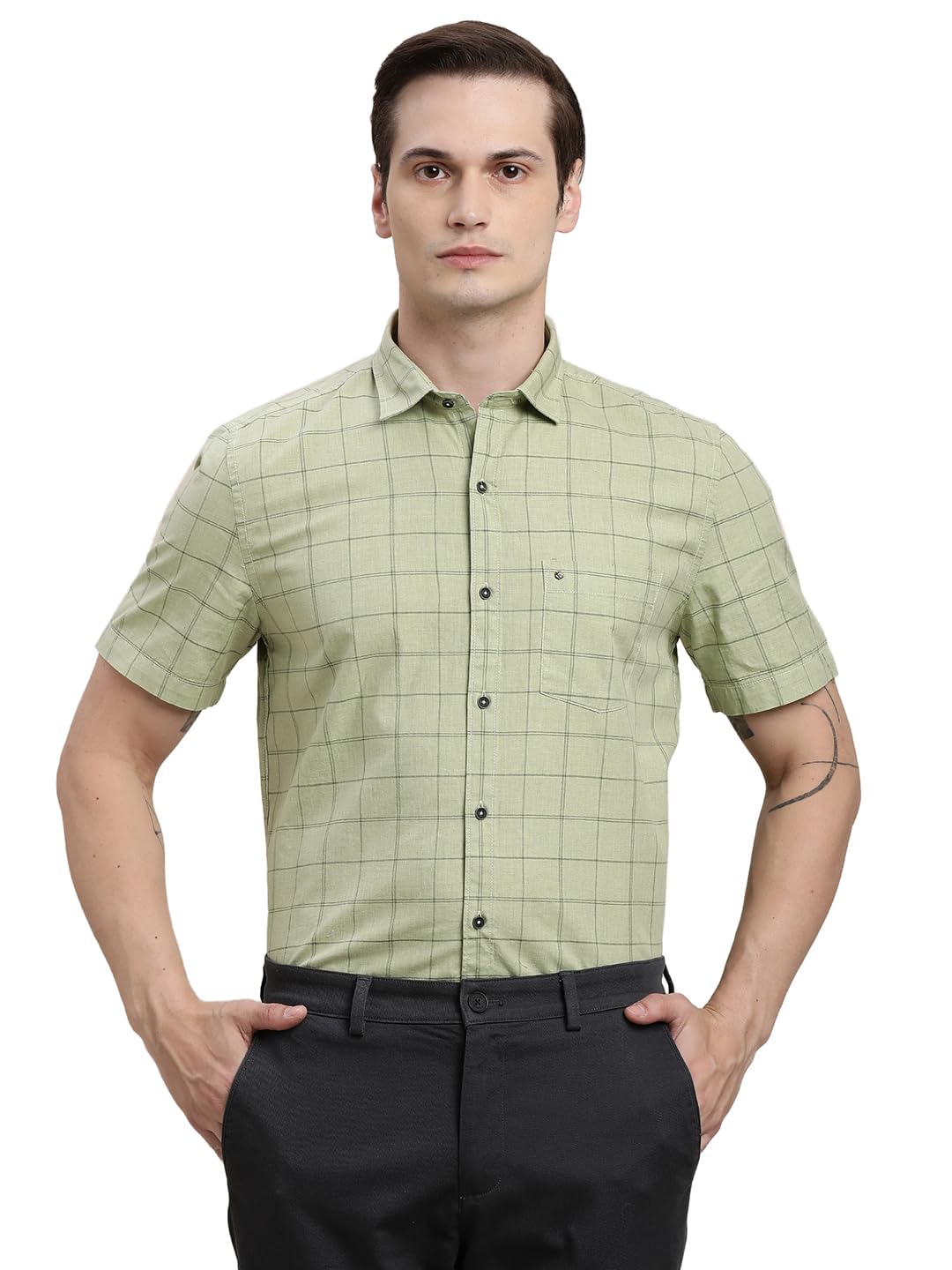 Turtle Men Cotton Melange Slim Fit Pista Green Checkered Half Sleeve Casual Shirt