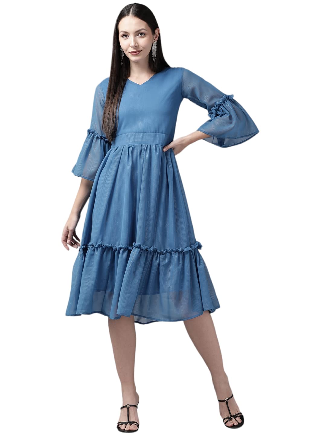 Aarika WomenS Georgette Skater Knee-Length Dress (Dr-Aw-015_Blue