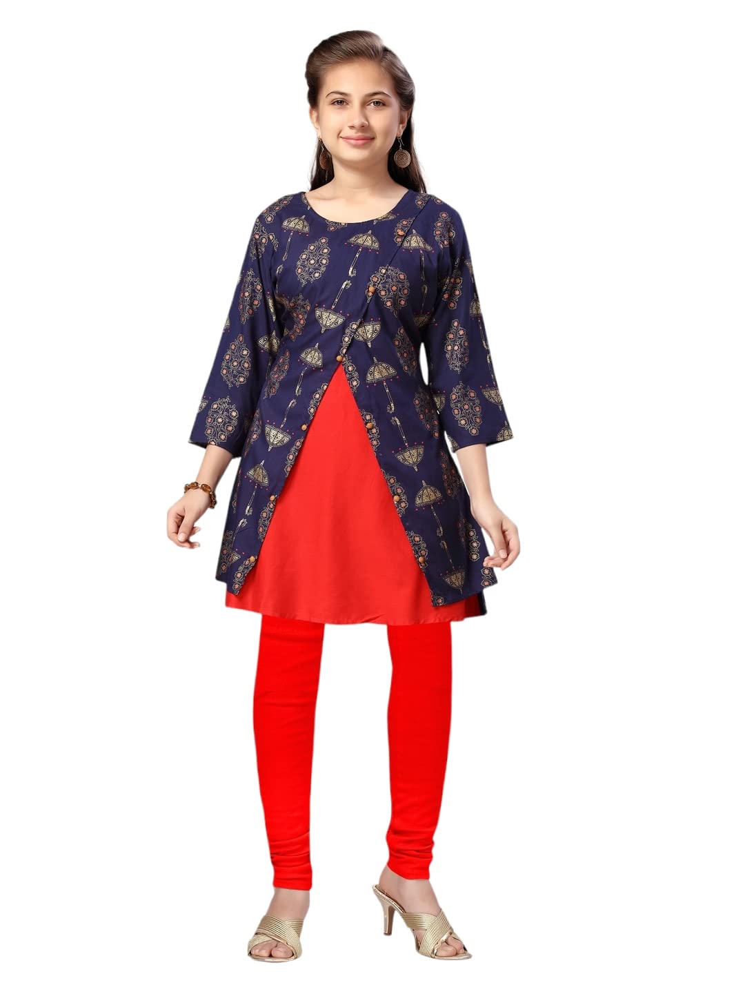 Aarika Girls Cotton Regular Tunic Shirt (KURTI-3128_Navy Blue-Red_32)