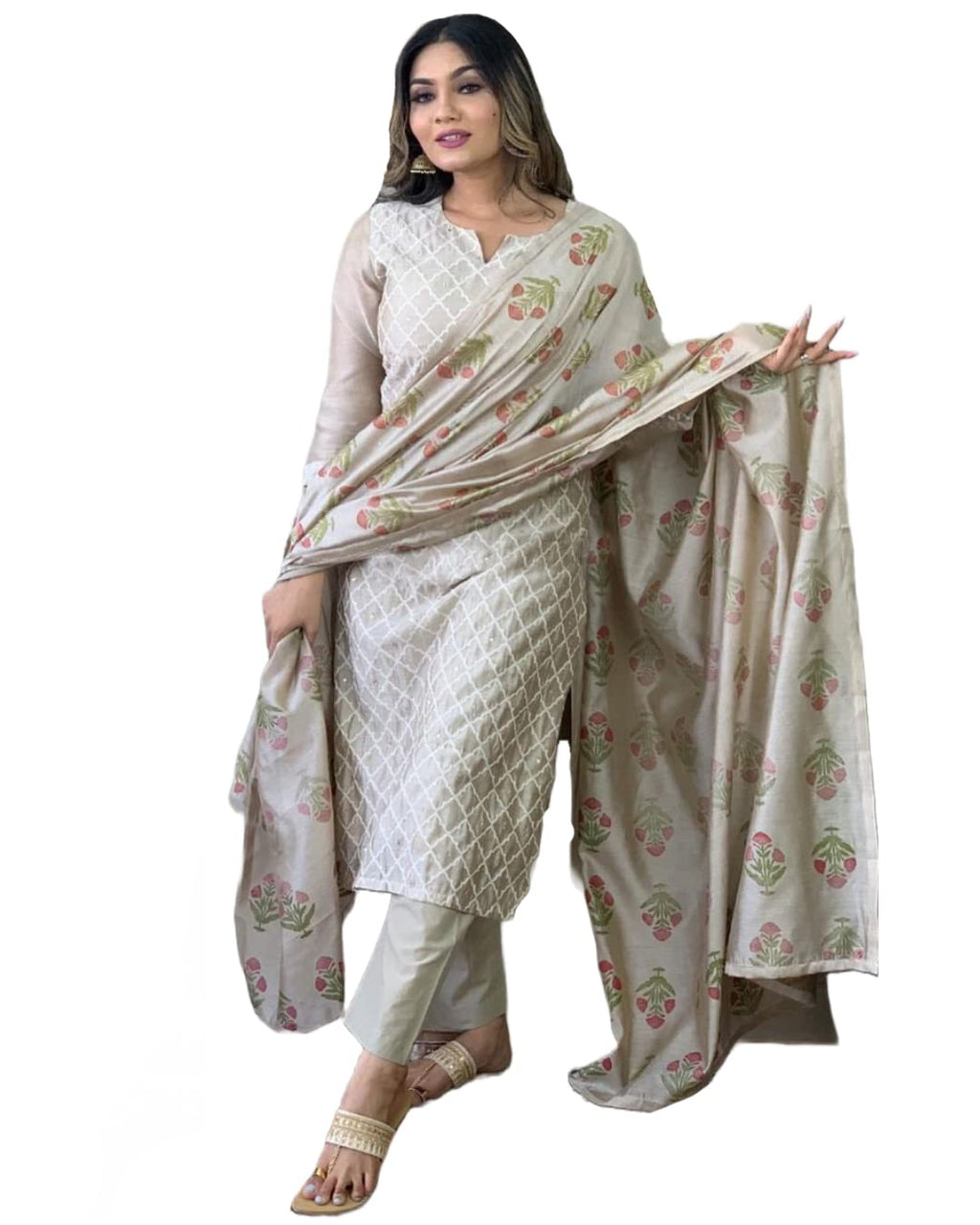 ANNI DESIGNER Womens Cotton Blend Embroidered Straight Kurta with Pant & Dupatta (MYSURU-Cream-Nw_XL_Cream_X-Large)