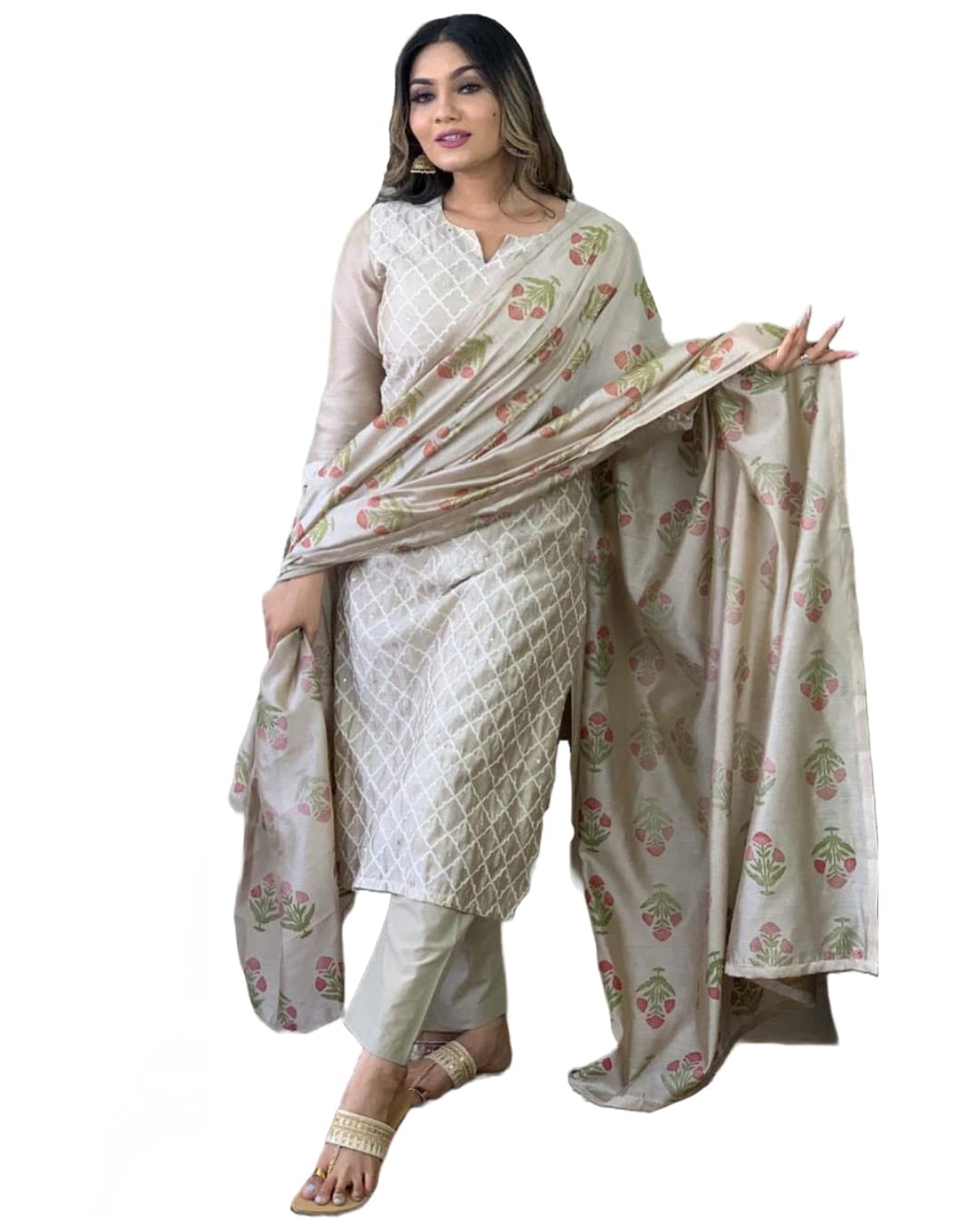 ANNI DESIGNER Womens Cotton Blend Embroidered Straight Kurta with Pant & Dupatta (MYSURU-Cream-Nw_XL_Cream_X-Large)
