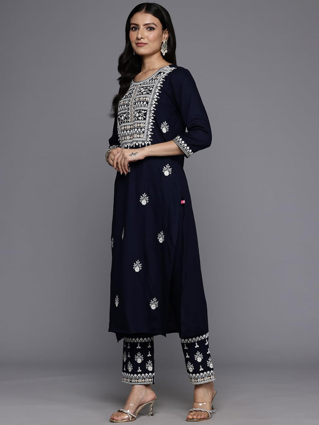 Varanga Women'S Rayon Floral Geometric Polka Dot Kurta Set Navy Blue - Comfortable Regular Fit, Elegant & Versatile, Ideal For C