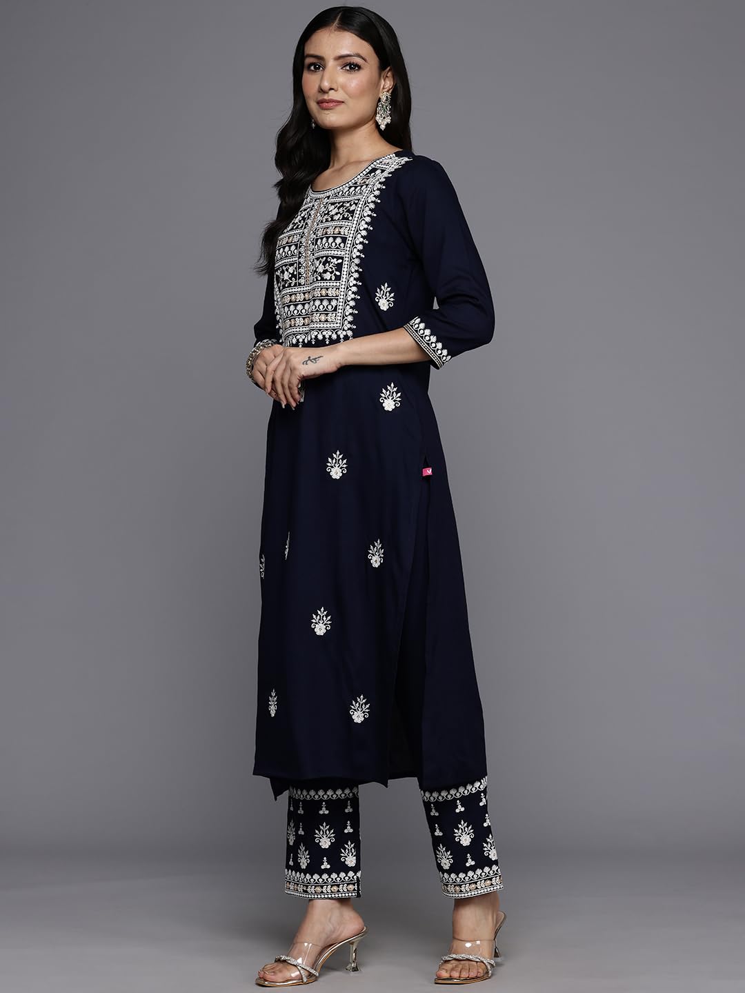 Varanga Women'S Rayon Floral Geometric Polka Dot Kurta Set Navy Blue - Comfortable Regular Fit, Elegant & Versatile, Ideal For C