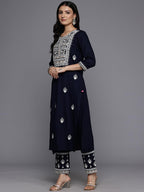 Varanga WomenS Navy Blue Round Neck Thread Embroidered Kurta Paired With Bottom And Dupatta