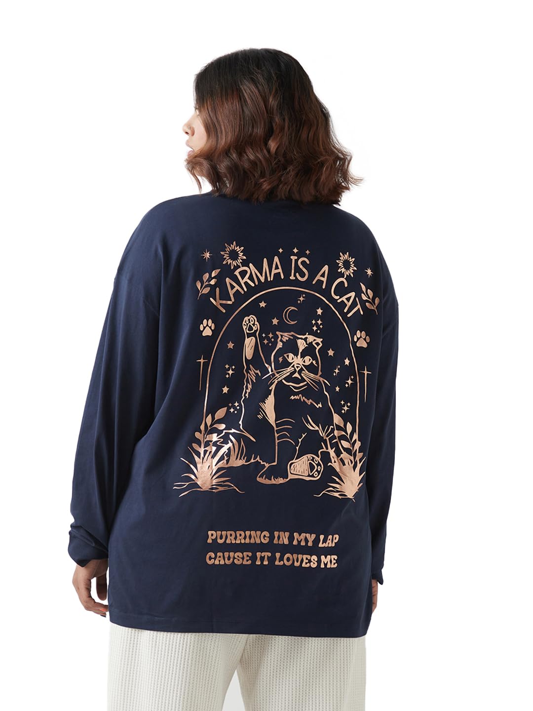 Bewakoof Womens Graphic Print Regular Fit Full Sleeve Round Neck Cotton Jersey Plus Size T-Shirt_629410_Blue_5XL