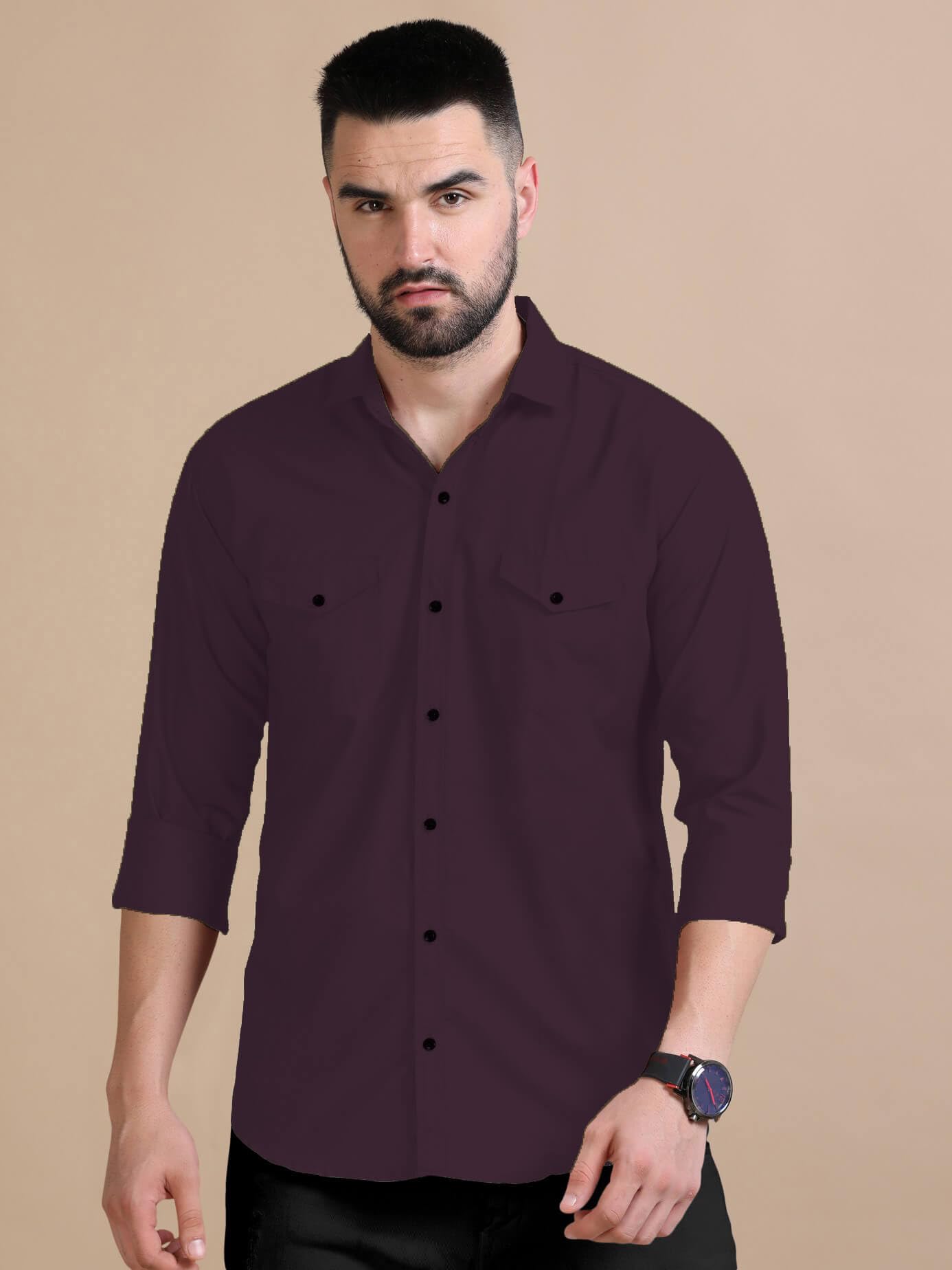 Rebelify MenS Double Pocket Shirt  Classic Casual Cotton Blend With Adjustable Cuffs Purple