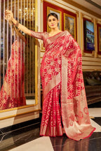 Madhuhansh Womens Organza Plain Saree With Patola Printed Solid Pattern 6 Yard Length And Unstitched Blouse Piece