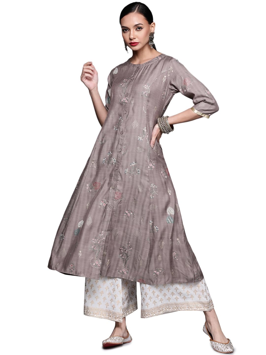 Libas Womens Printed Cotton Blend A-Line Kurta For Women Grey