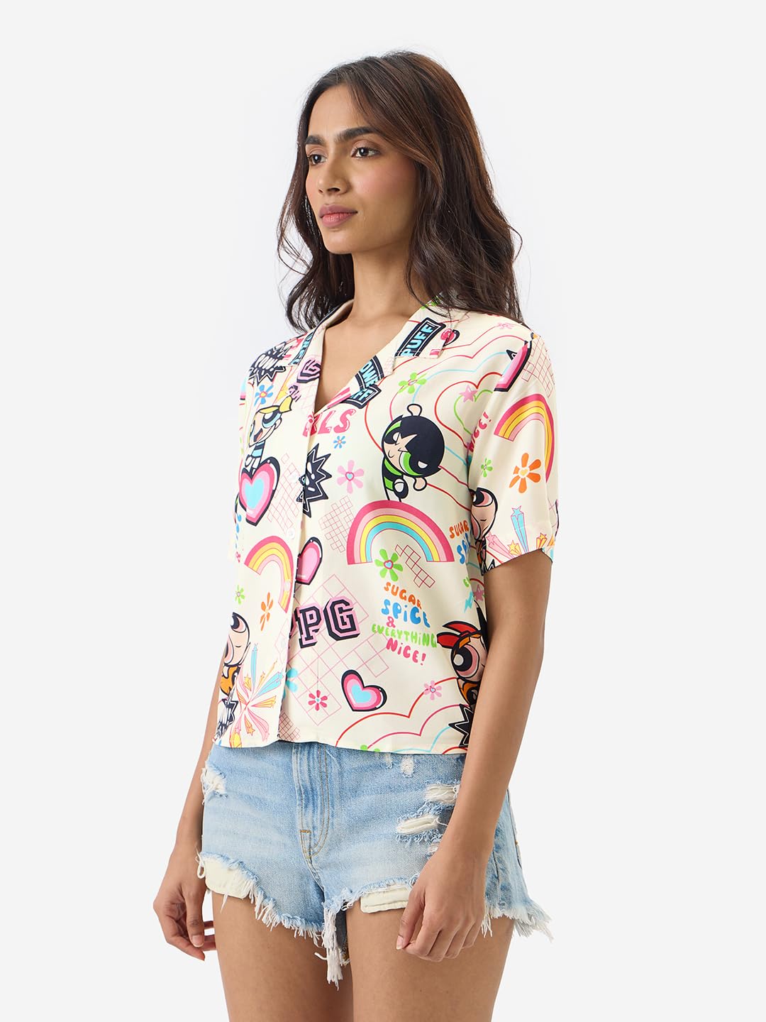 The Souled Store Official Powerpuff Girls: Sugar & Spice Women and Girls Short Sleeve Collared Neck Button Front Multicolor All