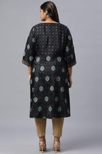 W For Woman Plus Size Jet Black Foil Printed Shantung Kurta