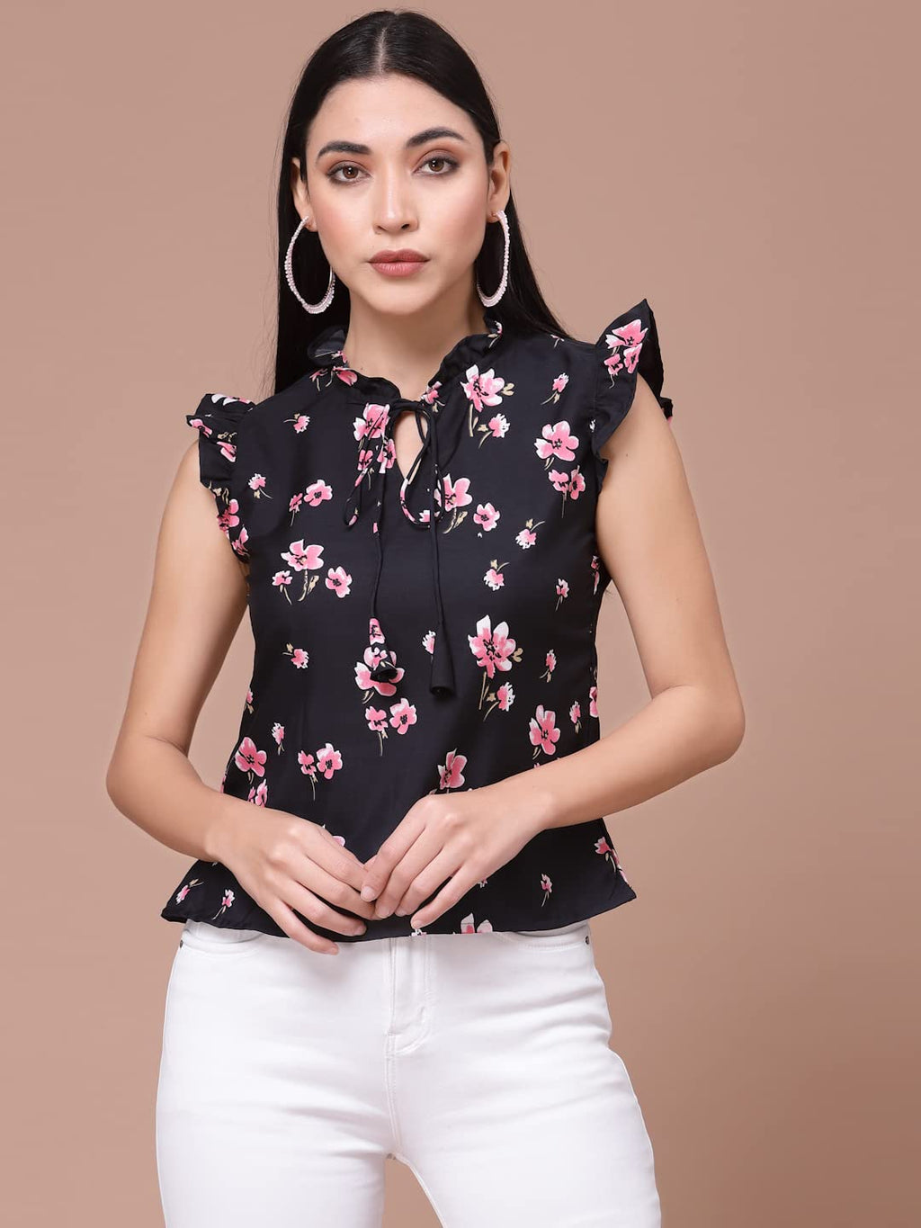 OOMPH! Womens Crepe Printed top with Tie Neck and Ruffle Sleeve