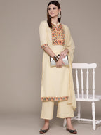 Ziyaa Women Women'S Cream Chinon Kurta, Palazzo And Dupatta Set