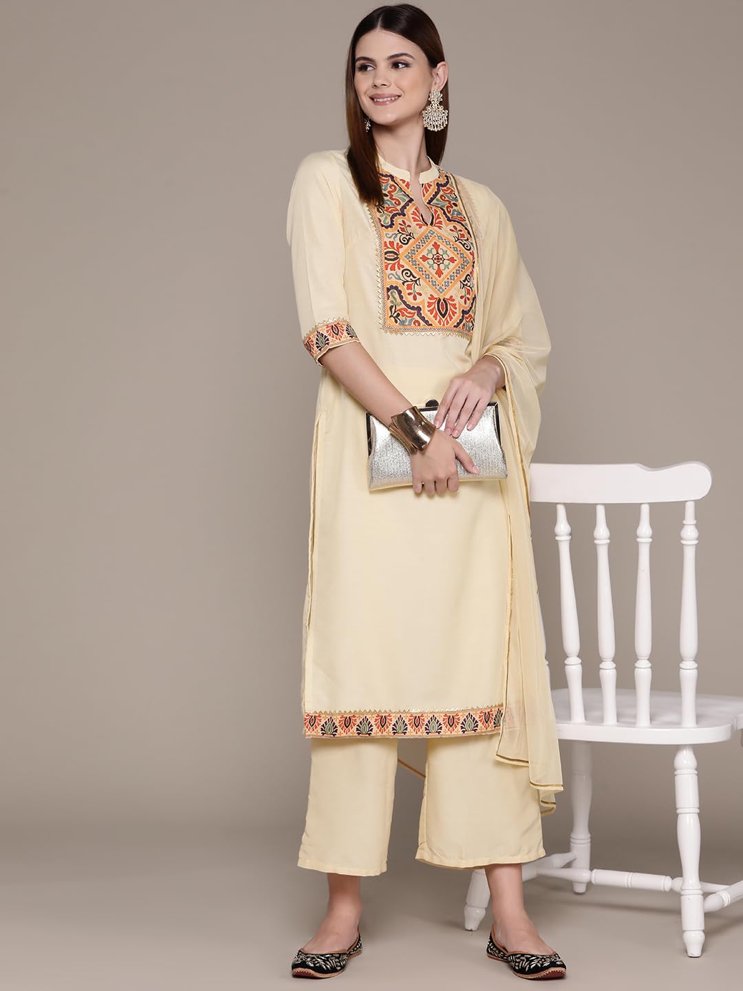 Ziyaa Women Women'S Cream Chinon Kurta, Palazzo And Dupatta Set