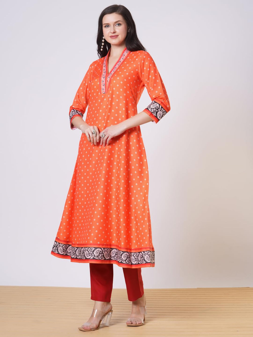 ANNI DESIGNER Womens Rayon Viscose Anarkali Printed Kurta with Pant (Karidos Orange-VKS02_XXL_Orange_XX-Large)