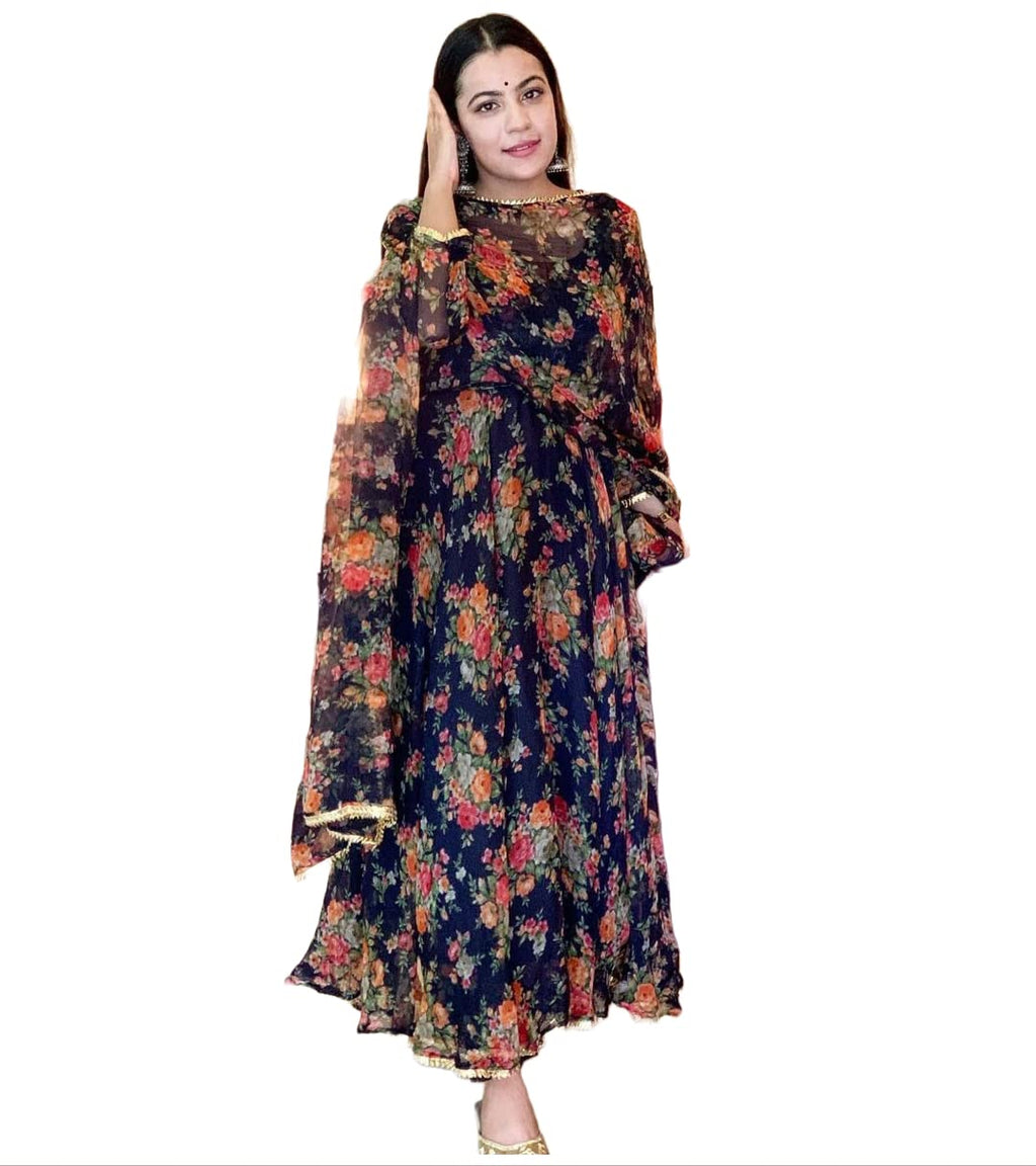 ANNI DESIGNER Womens Georgette Anarkali Printed Kurta with Pant & Dupatta (Atasi Blue_M_Dark Blue_Medium)