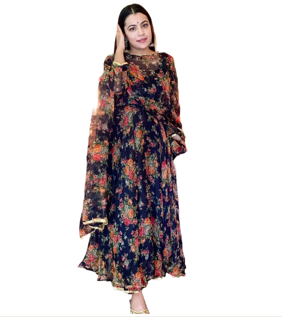 ANNI DESIGNER Womens Georgette Anarkali Printed Kurta with Pant & Dupatta (Atasi Blue_M_Dark Blue_Medium)