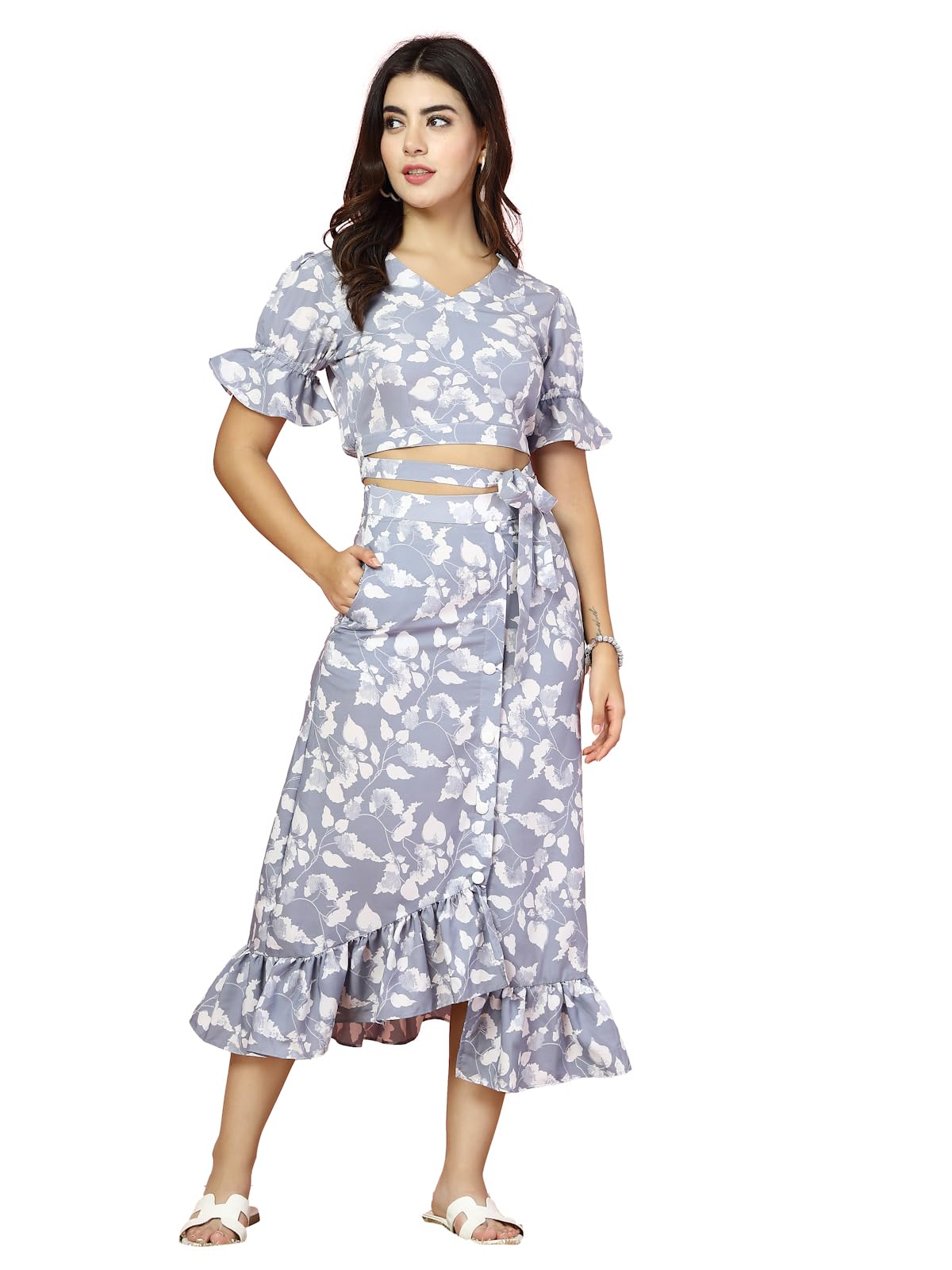 Oomph! Crepe Crop Top And Skirt Set For Women, Grey - Coord_Mt888Msk196