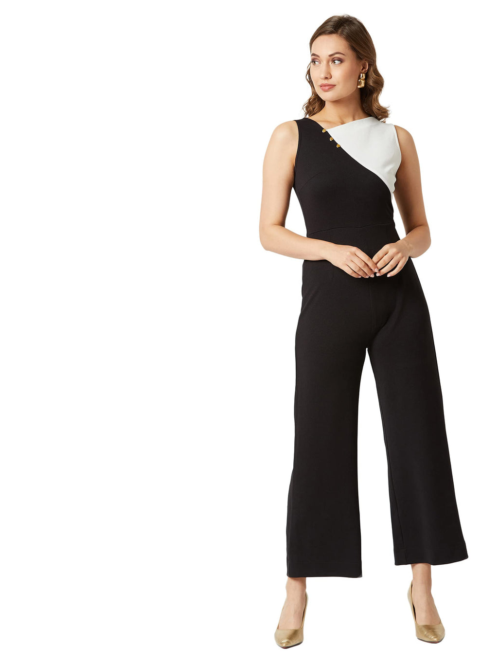 Miss Chase WomenS Off-White & Black Asymmetric Sleeveless Polyknitted Solid Color-Block/Paneled Regular Length Jumpsuit(Mcaw19D