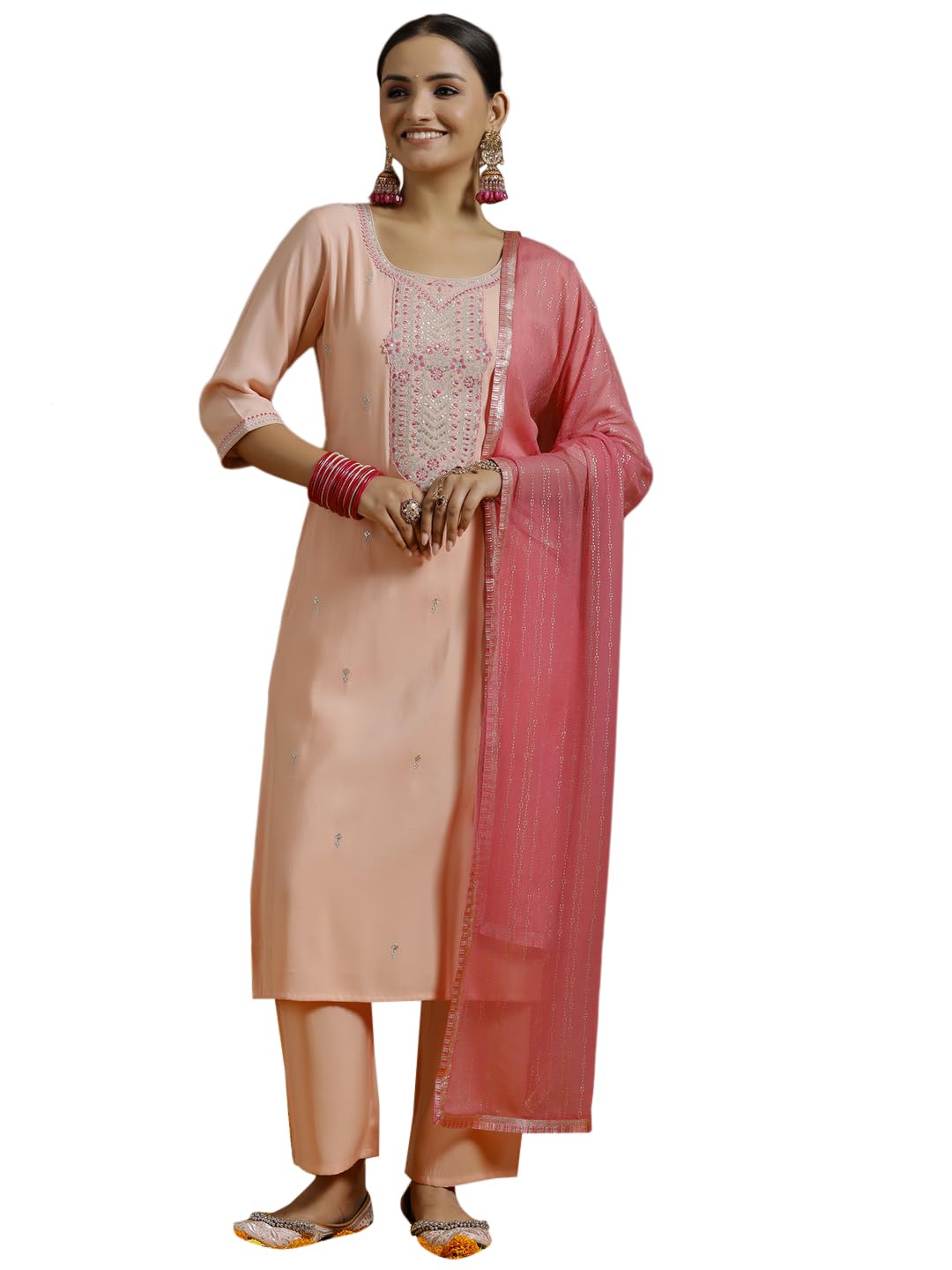 Libas WomenS Silk Blend Kurta Sets (Gs923_Peach