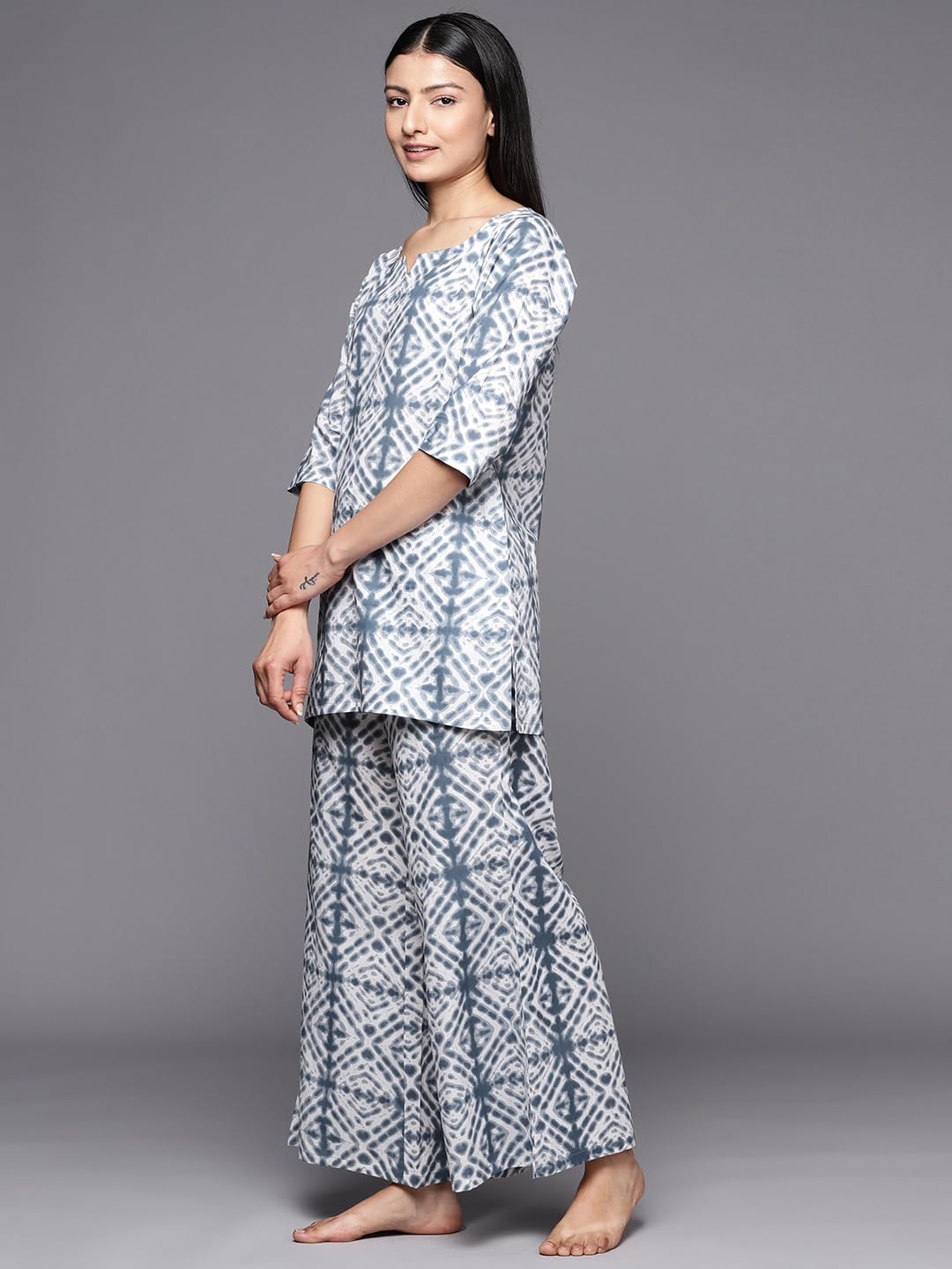 Libas Womens Printed Cotton Night Suit Set For Women Grey