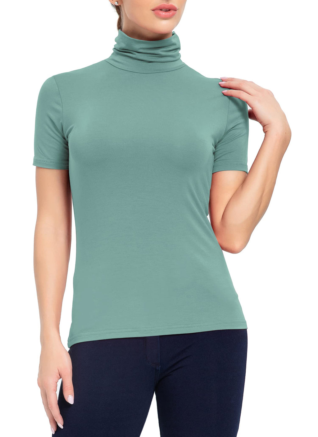 AUHEGN Short Sleeve Mock Turtleneck Stretch Slim T Shirt Layer Top Light Dusty Green Medium