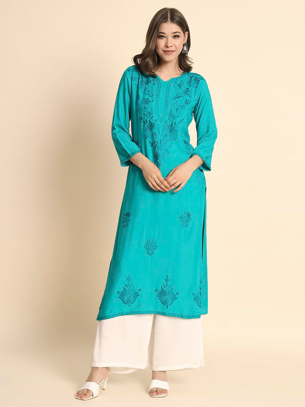 VAIRAGEE Womens Rayon Straight Cut Round Neck Kurta with Beautiful Lucknowi Chickenkari Work (1593) Sea Green