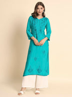 VAIRAGEE Womens Rayon Straight Cut Round Neck Kurta with Beautiful Lucknowi Chickenkari Work (1593) Sea Green