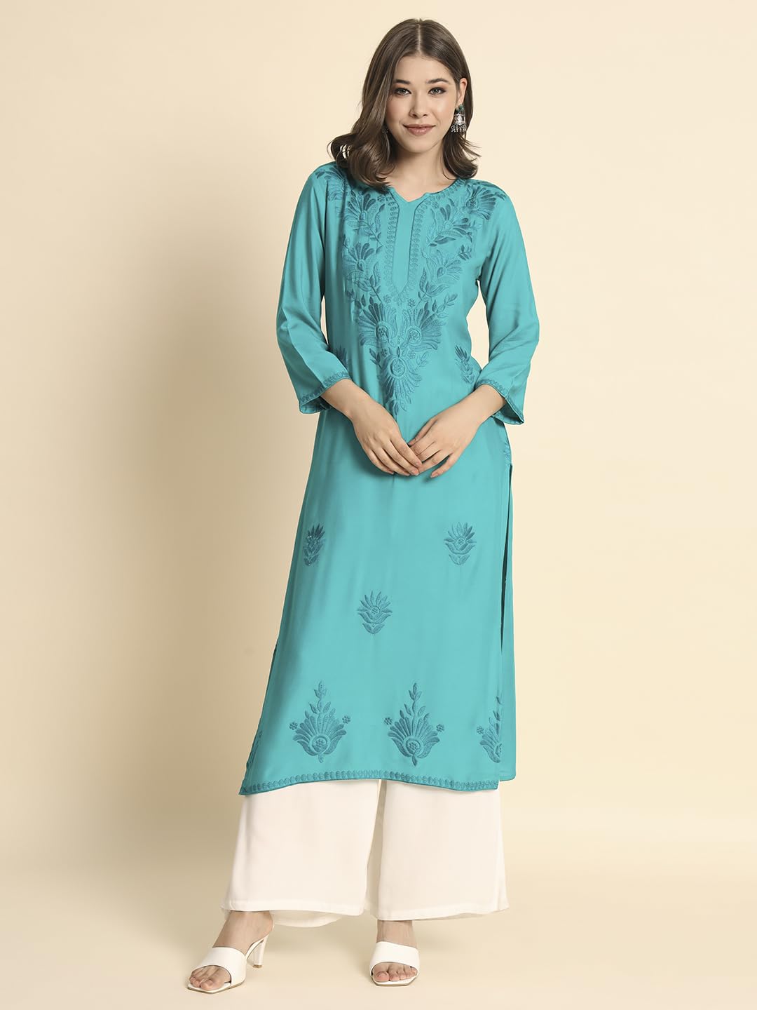 VAIRAGEE Womens Rayon Straight Cut Round Neck Kurta with Beautiful Lucknowi Chickenkari Work (1593) Sea Green