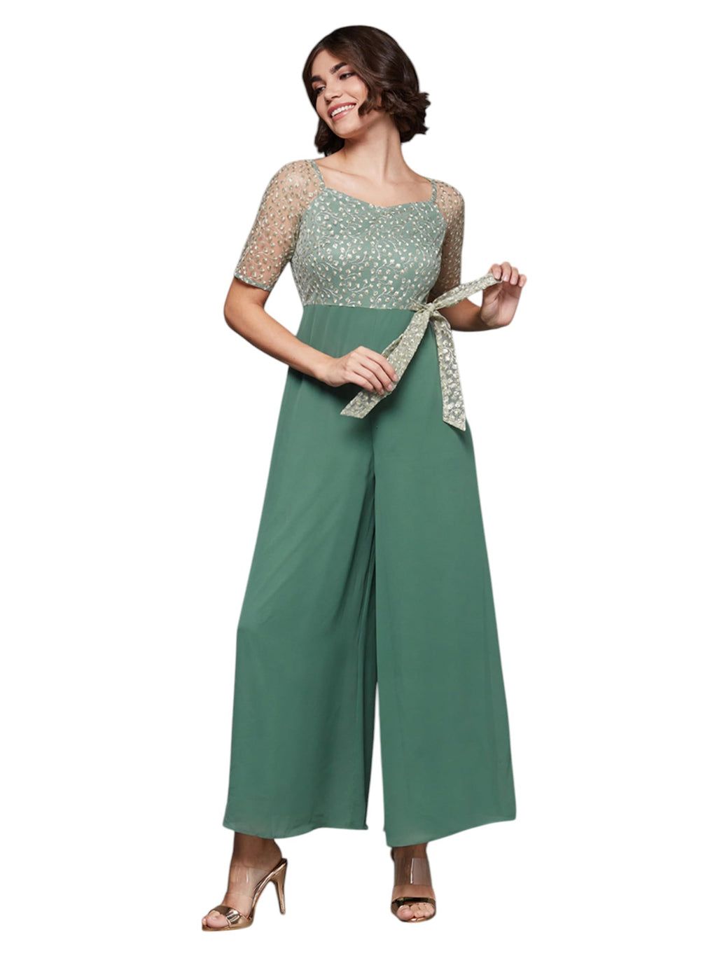 Miss Chase Womens Square Neck Embroidered Regular Jumpsuit (MCSS25D93-84-159-06, Light Green, XL)