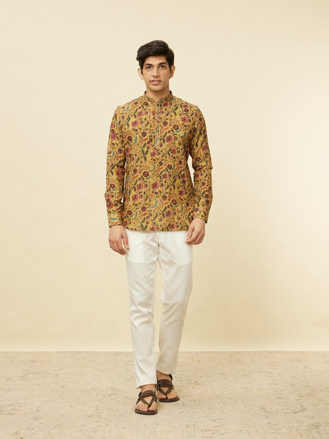 Manyavar Mens Mustard Blended Viscose Printed Short Kurtas