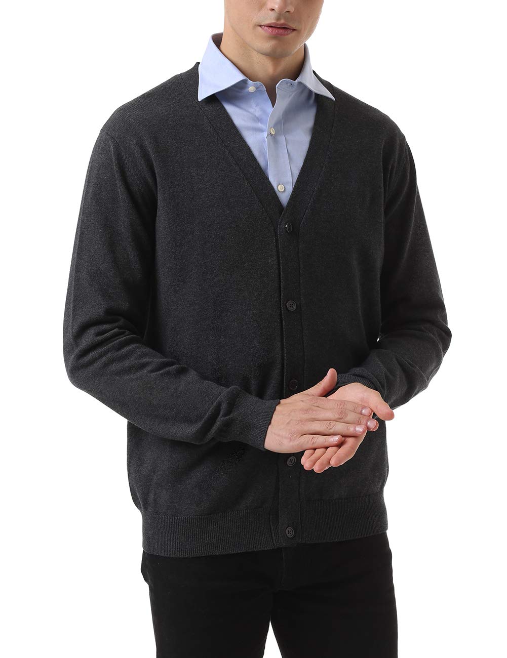QUALFORT Mens Cardigan Sweater 100% Cotton Pockets Casual Slim Fit V-Neck Knitted Charcoal Sweaters Button up Charcoal 3X-Large