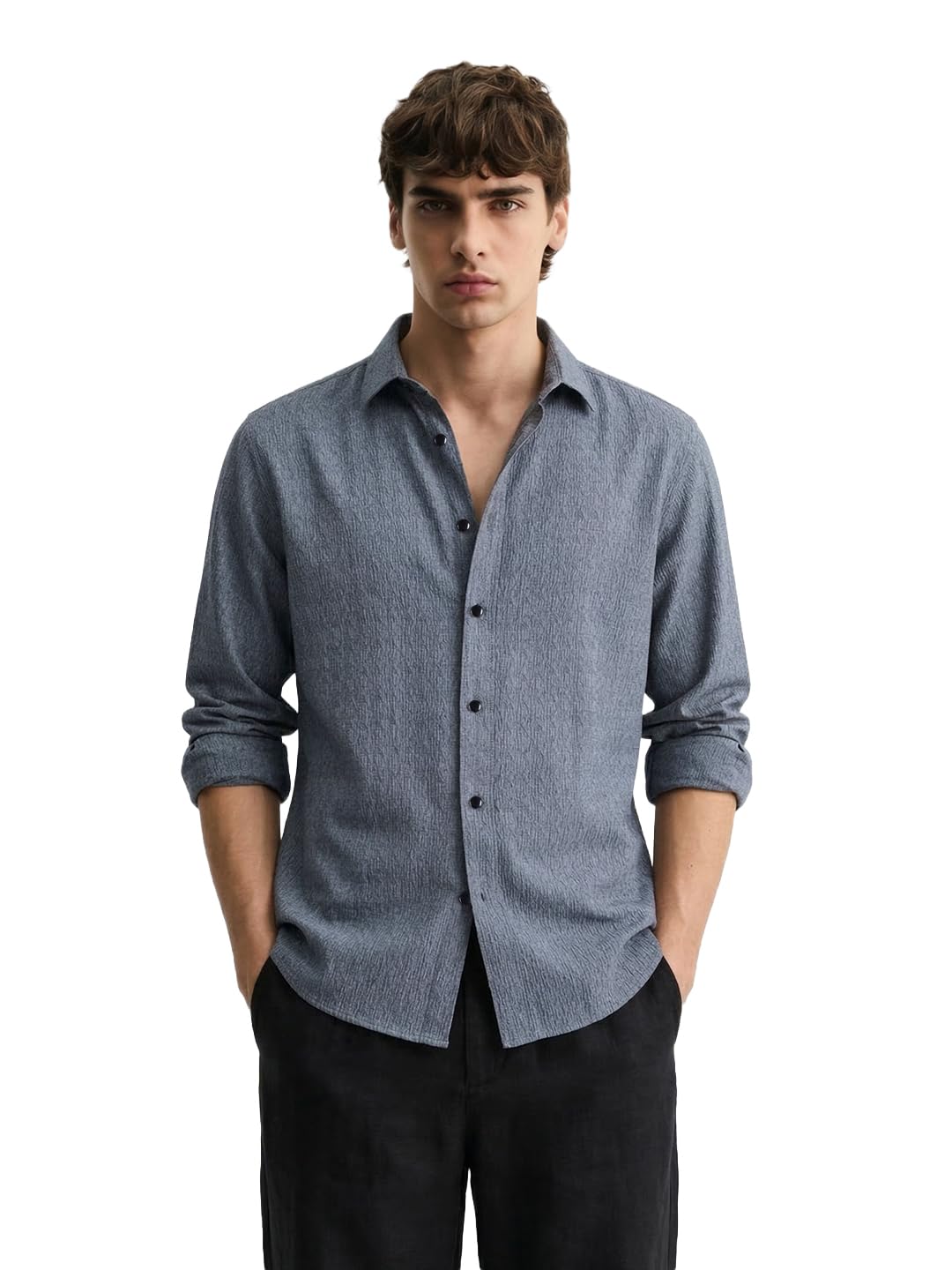 The Indian Garage Co Mens Slim Fit Textured Cutaway Collar Full Sleeves Resort Shirt