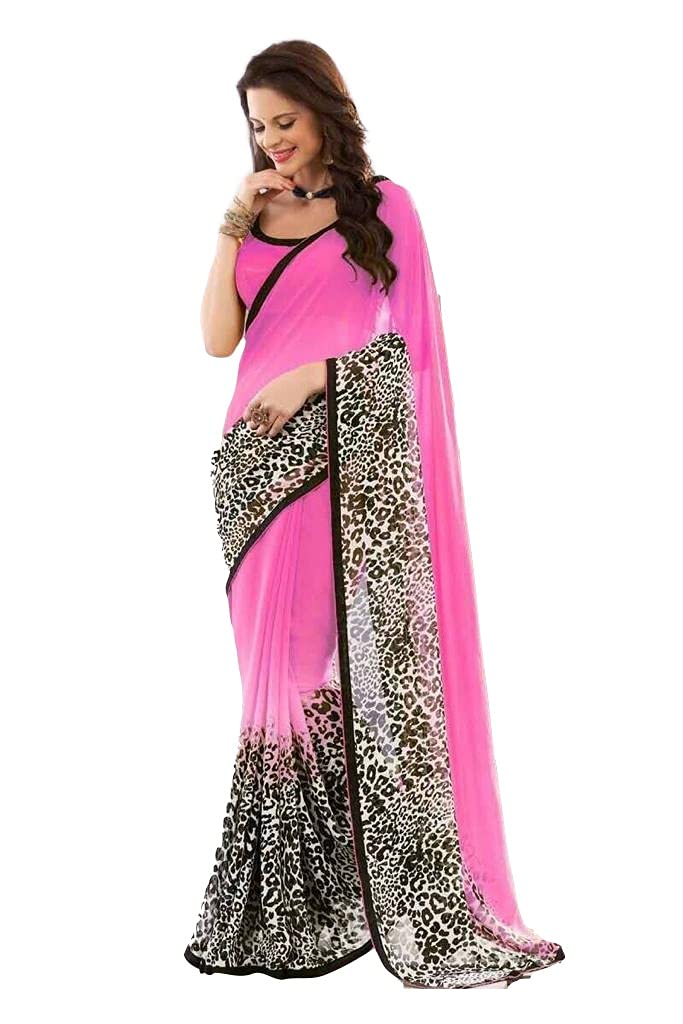 ANNI DESIGNER Womens Georgette Floral Printed Saree with Blouse Piece (TIGER PINK_Pink)
