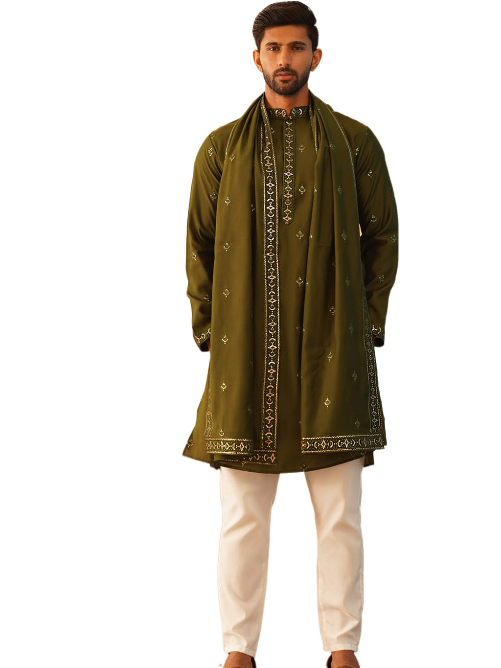 Jompers Mens Embroidered & Sequin Kurta Pyjama Set With Dupatta