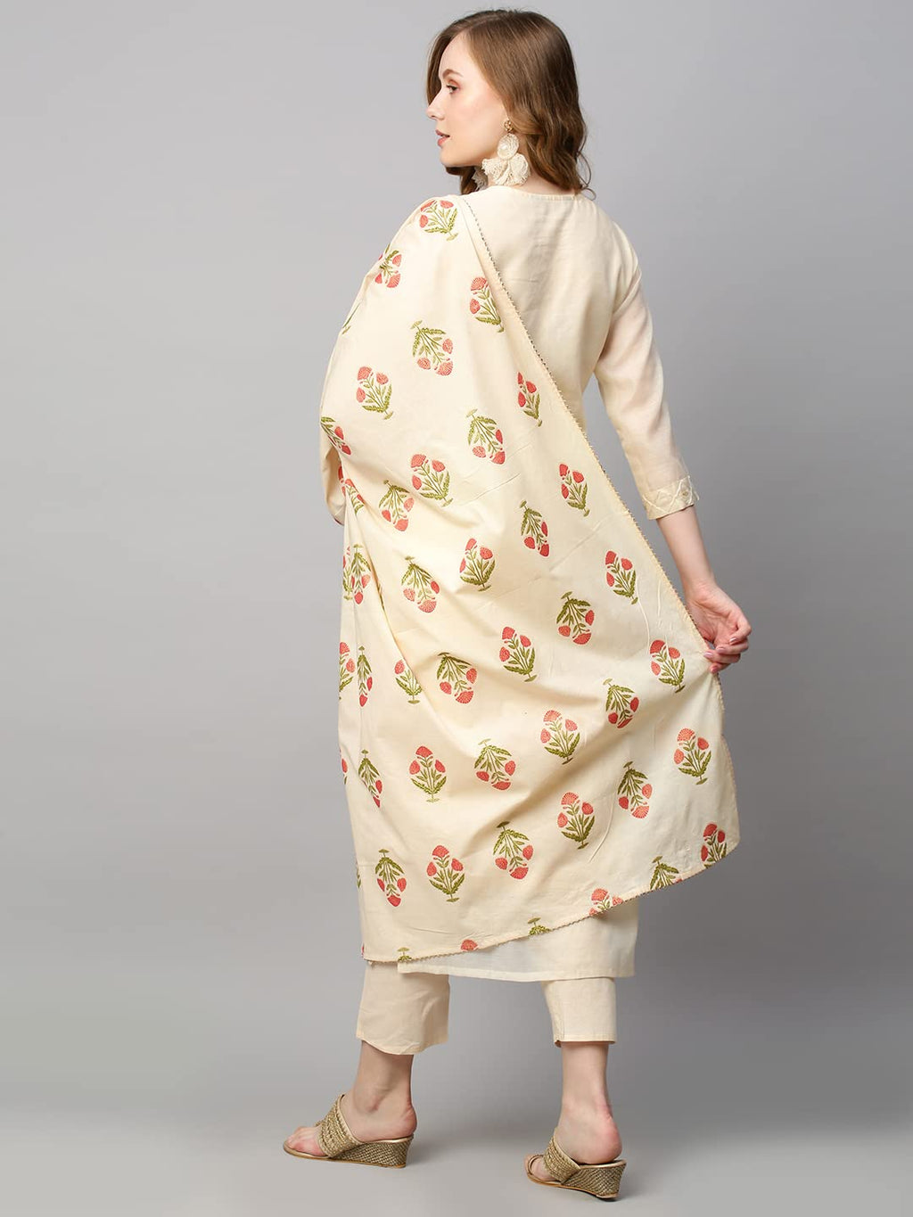 ANNI DESIGNER Womens Cotton Blend Embroidered Straight Kurta with Pant & Dupatta (MYSURU-Cream_S_Cream_Small)