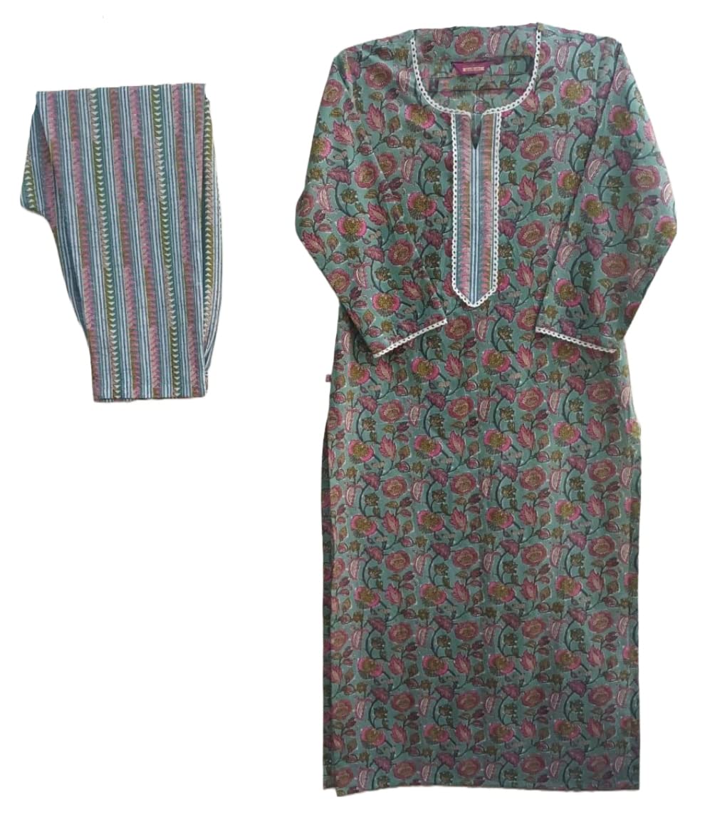 ANNI DESIGNER Women's Cotton Blend Printed Straight Kurta with Pant (Dawai Green-Nw_L_Green_Large)