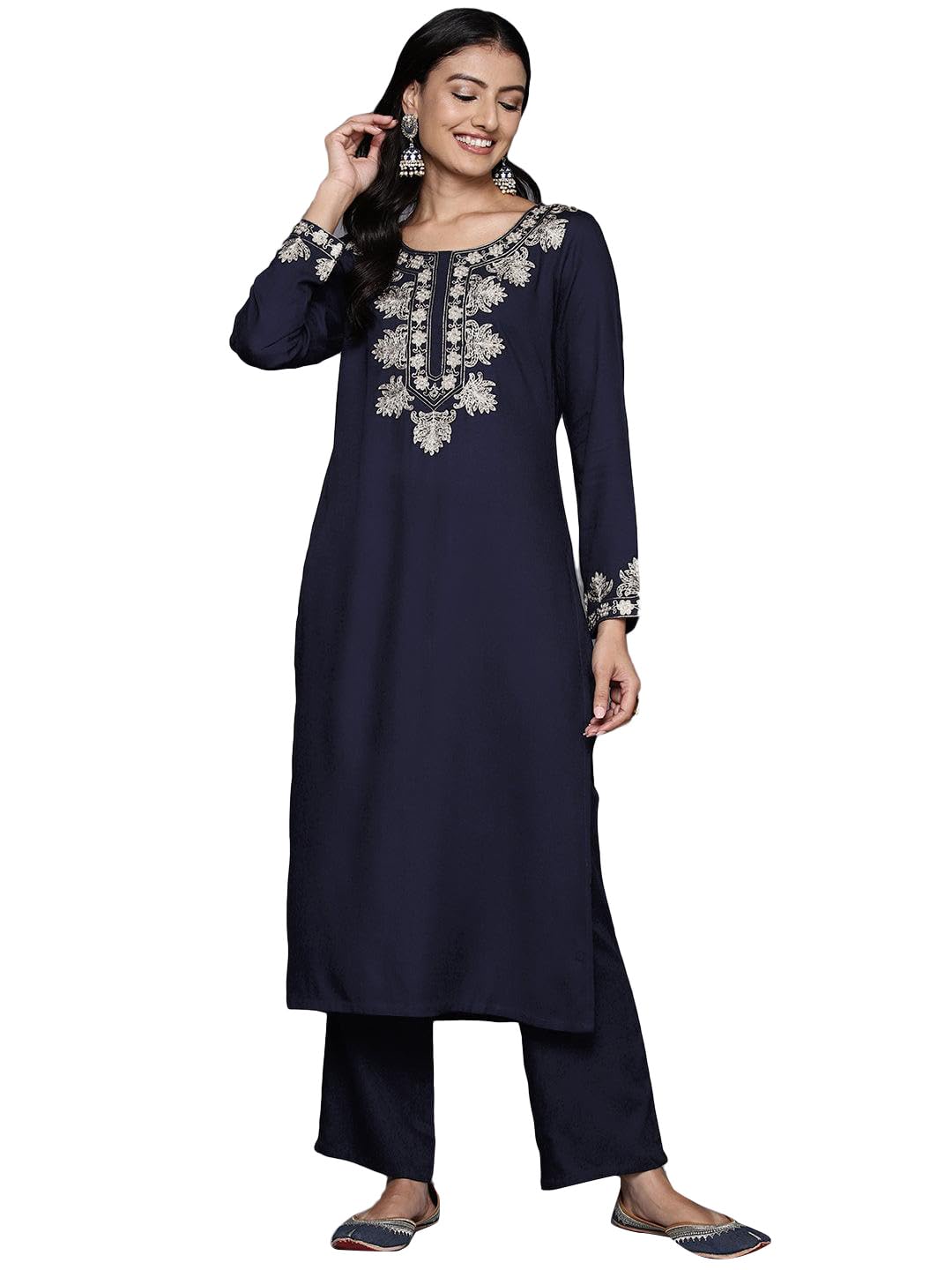 Libas Womens Yoke Design Wool Straight Kurta With Palazzos