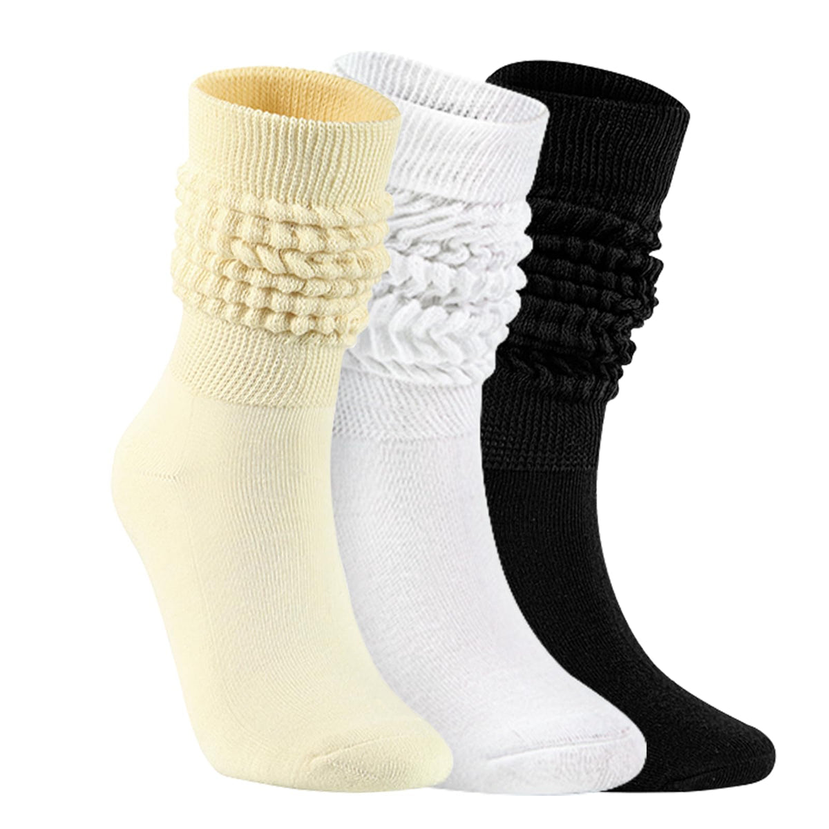 Todaysunny Slouch Socks For Woman 3 Pack Scrunch Socks Soft High Boot Socks Warm Thick Knit Woman Long Socks, Black White Beige  46-331