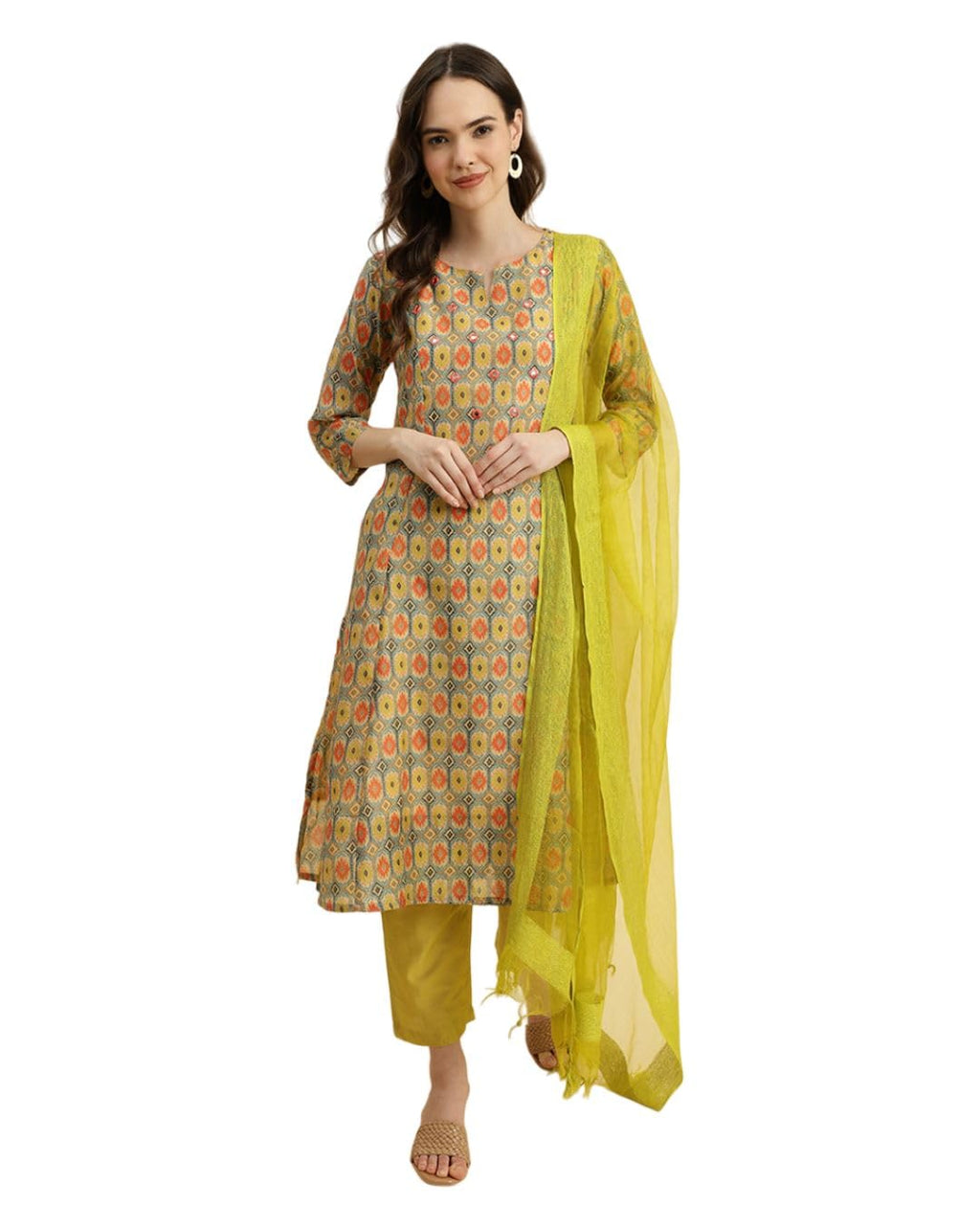 Varanga Ikat Printed A-Line Mirror Embroidered Kurta Paired With Straight Trouser And Dupatta