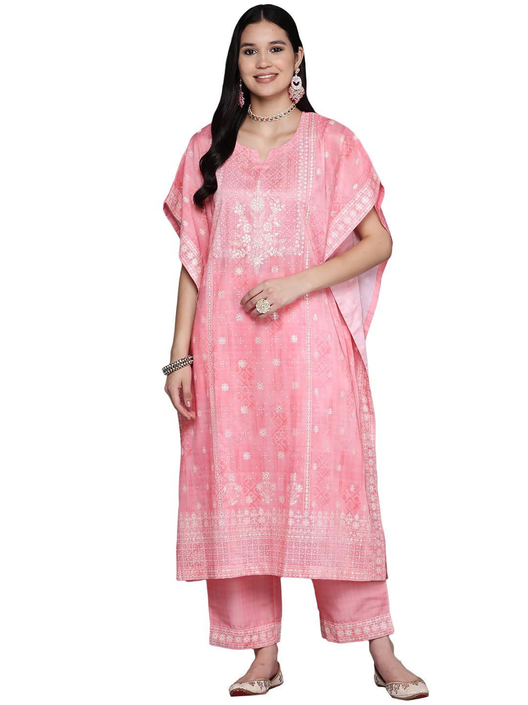Libas Women Silk Blend Pink Printed Kaftan Kurta Set With Trousers, Small
