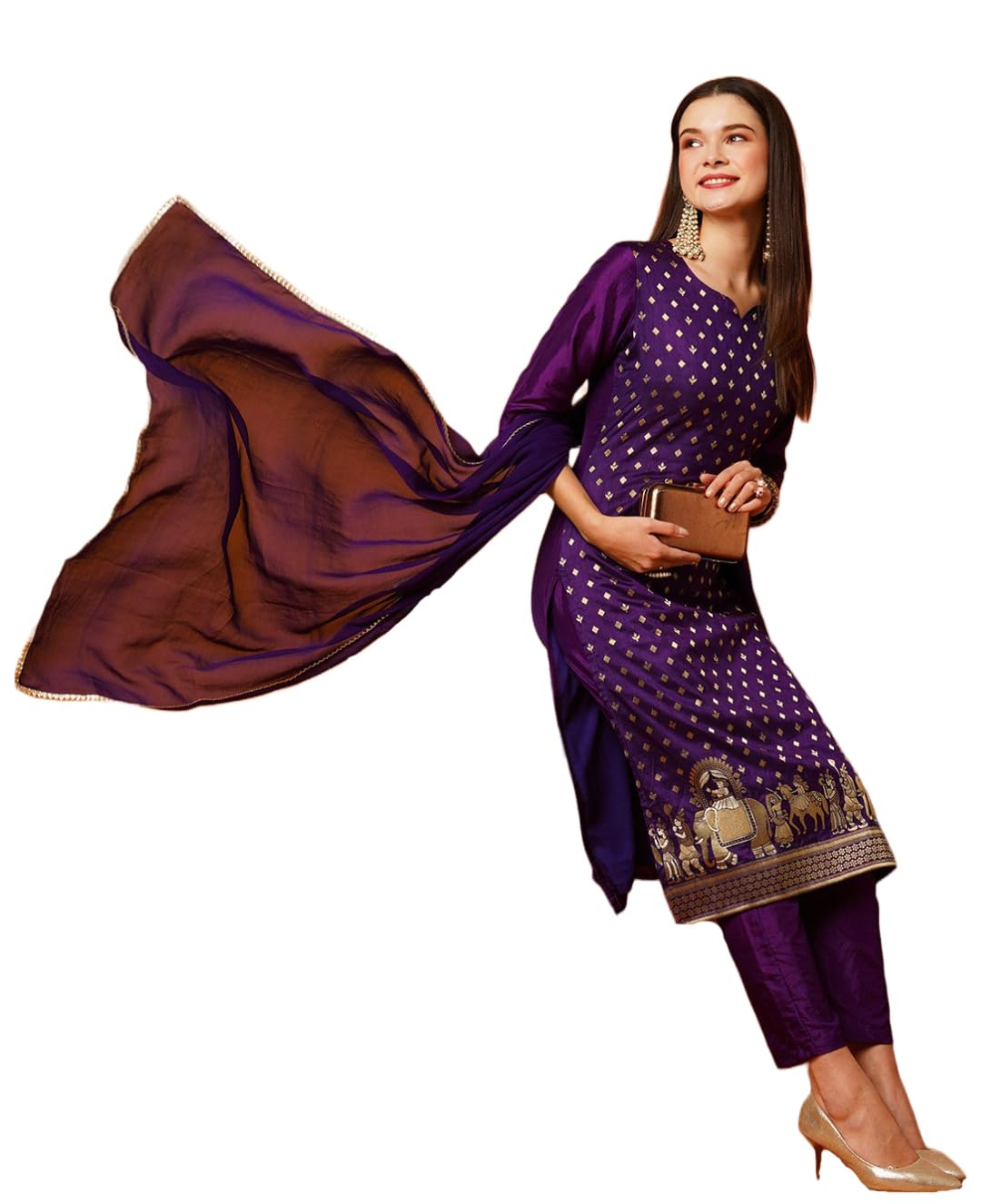 ANNI DESIGNER Women's Cotton Blend Straight Embellished Kurta with Pant & Dupatta (Jodha Violet_XXL_Violet_XX-Large)