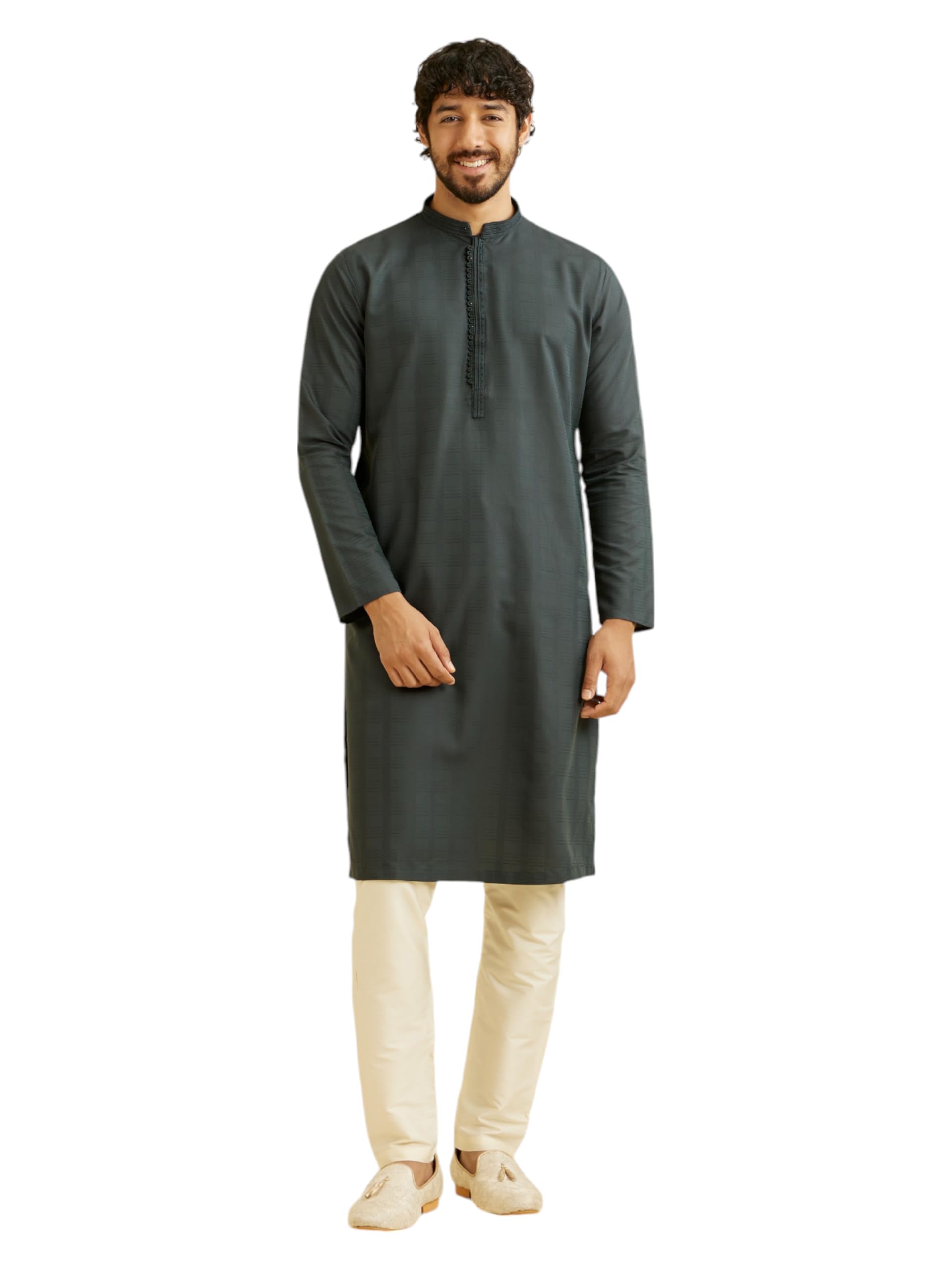 Manyavar Mens Cotton Blend Self Texture Kurta Pyjama Set (Green,M)