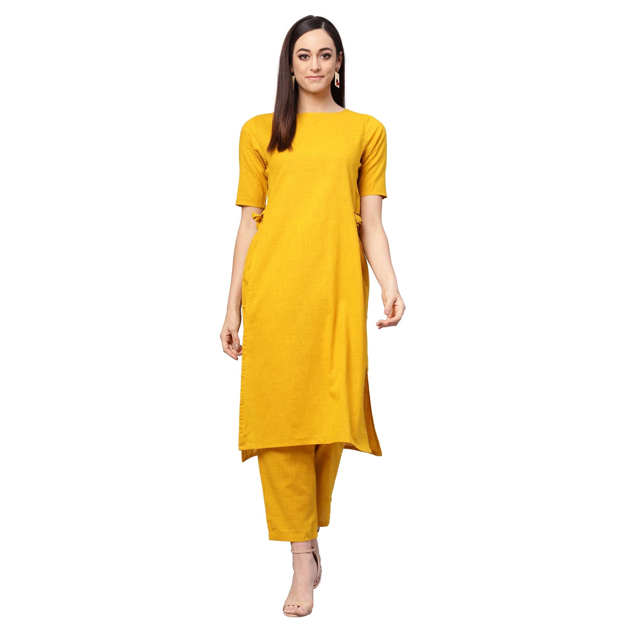 Idalia Mustard Straight Cotton Solid Kurta Set For Women Stylish Boat Neck Design Kurta Set With Pant