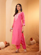 Varanga Women Pink Zari Embroidered Regular Chanderi Silk Kurta With Trousers & Dupatta - Elegant Ethnic Set