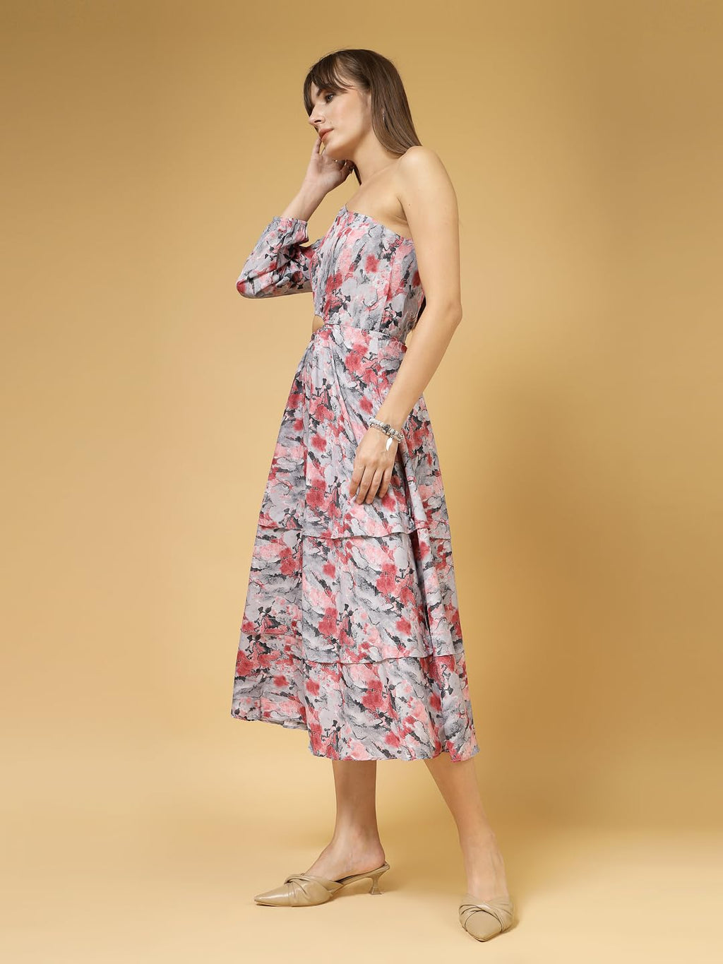 Oomph! WomenS Crepe A-Line Midi Dress (Waist Cutout One Shoulder_Rouge Pink