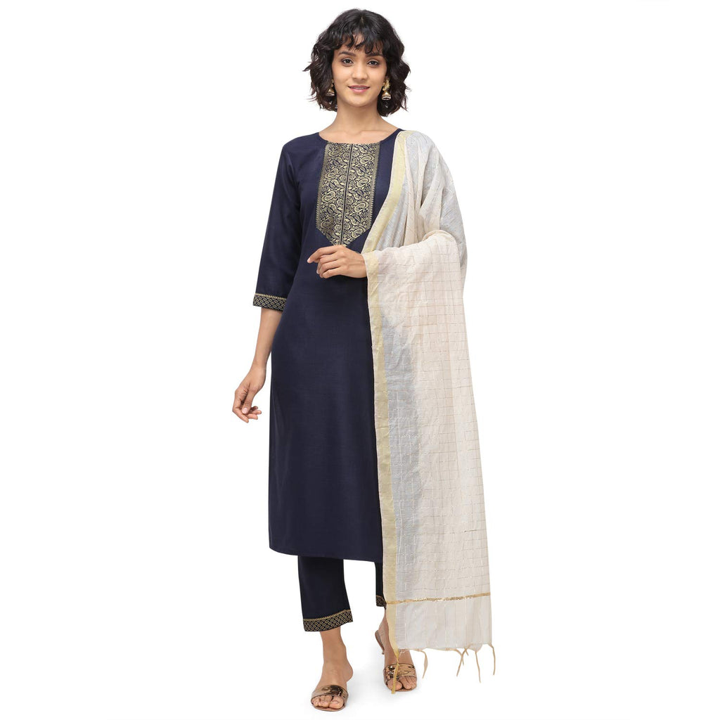 Nainvish Women'S Cotton Blend A-Line Embellished Kurti Pant With Dupatta (Sd095-L_Navy Blue)