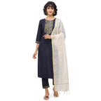 NAINVISH Women's Cotton Blend A-Line Embellished Kurti Pant with Dupatta (SD095-S_Navy Blue)